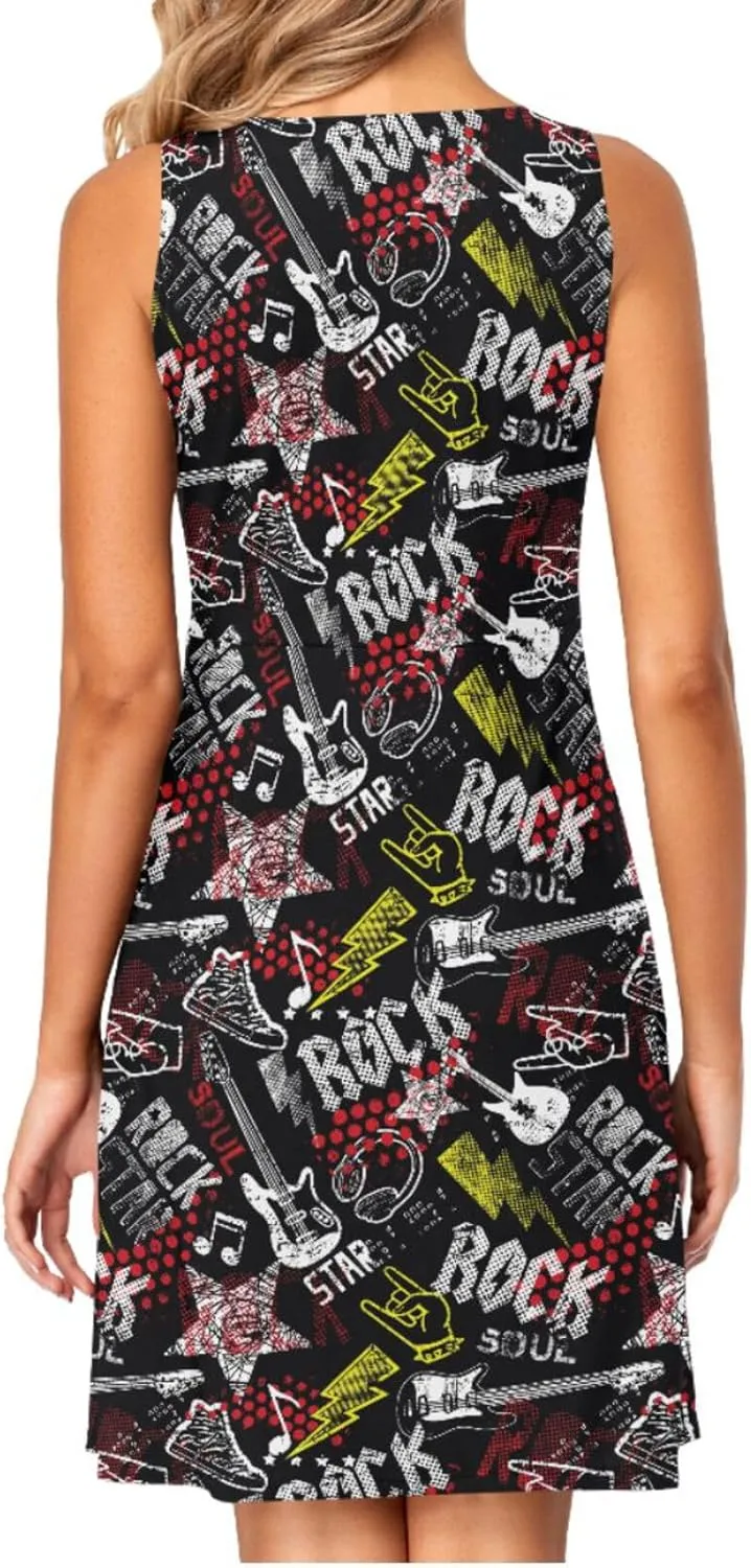 Women Summer Dresses Casual Beach Rock Guitar Sleeveless Sundresses Tank Dress with Pockets
