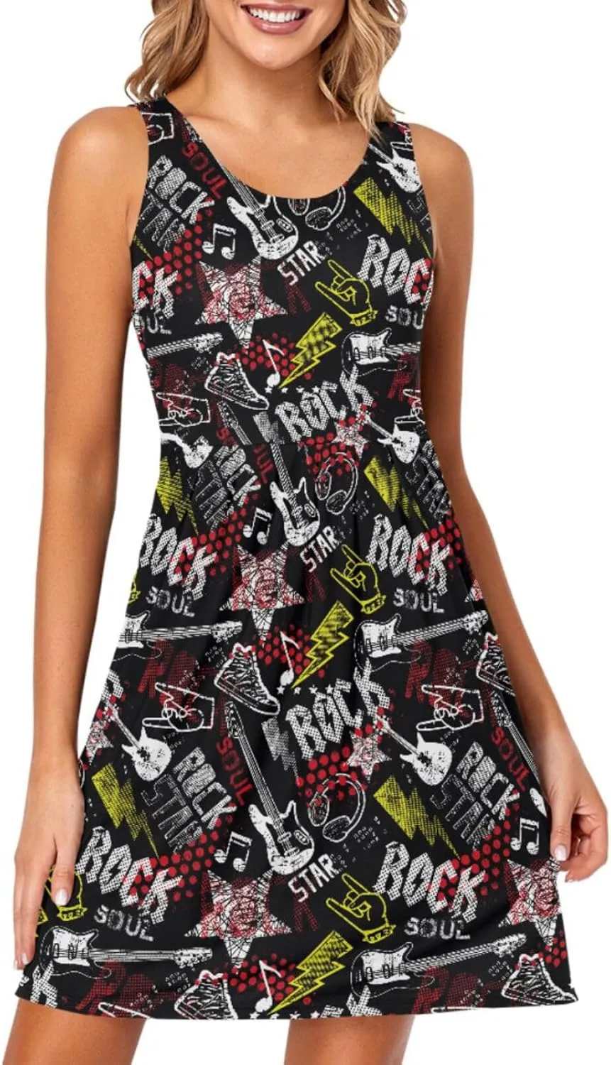 Women Summer Dresses Casual Beach Rock Guitar Sleeveless Sundresses Tank Dress with Pockets