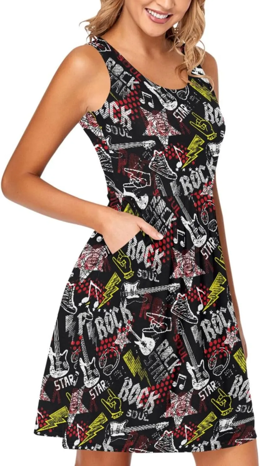 Women Summer Dresses Casual Beach Rock Guitar Sleeveless Sundresses Tank Dress with Pockets