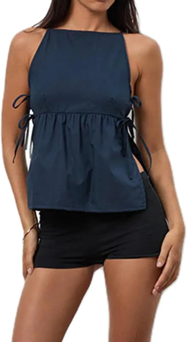 Women Tie Side Tank Top Sleeveless Split Peplum Coquette Shirt Plaid Trendy Going Out Summer Tops Y2k Streetwear