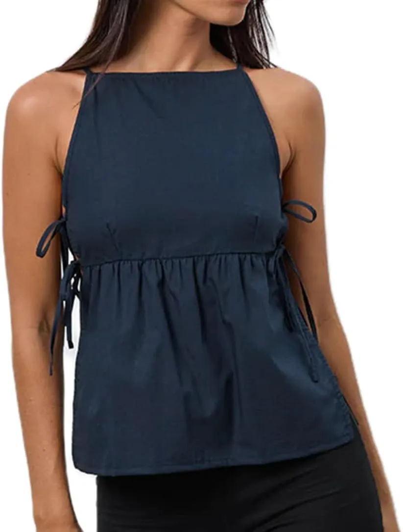 Women Tie Side Tank Top Sleeveless Split Peplum Coquette Shirt Plaid Trendy Going Out Summer Tops Y2k Streetwear