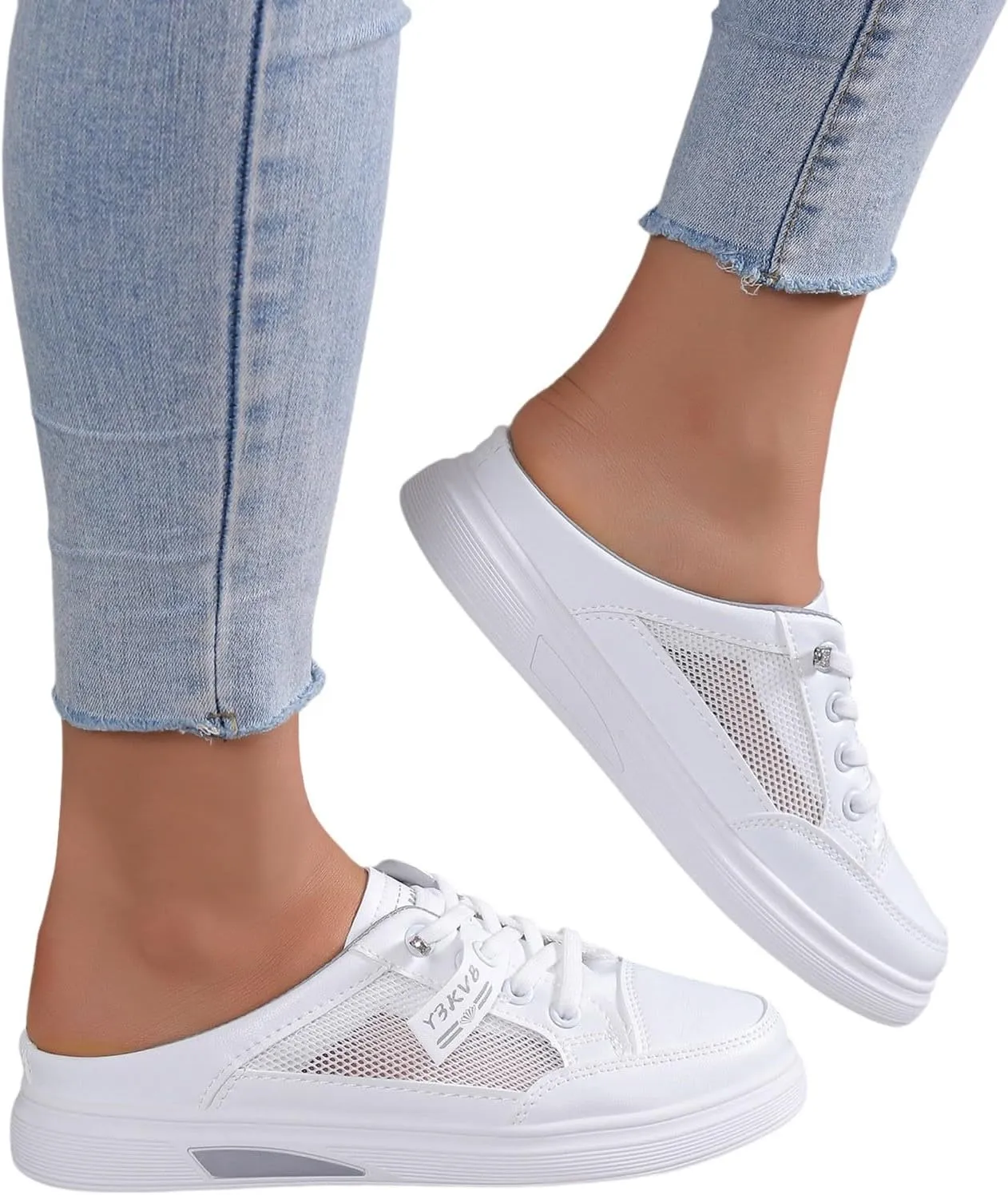 Women Walking Shoes Slip On,Breathable Canvas Cutout Loafers Thick Soles Flat Shoes Orthopedic Backless Slippers