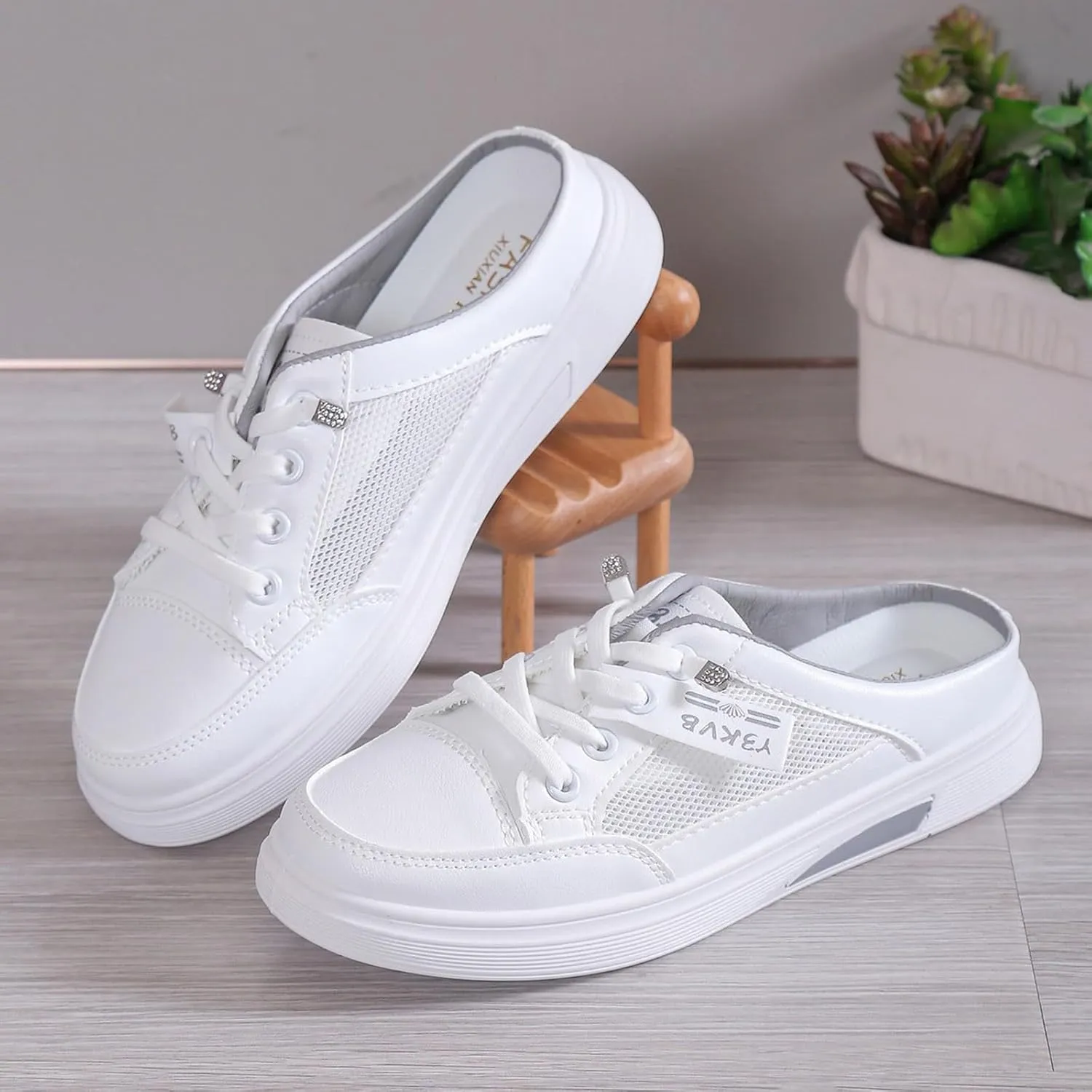 Women Walking Shoes Slip On,Breathable Canvas Cutout Loafers Thick Soles Flat Shoes Orthopedic Backless Slippers