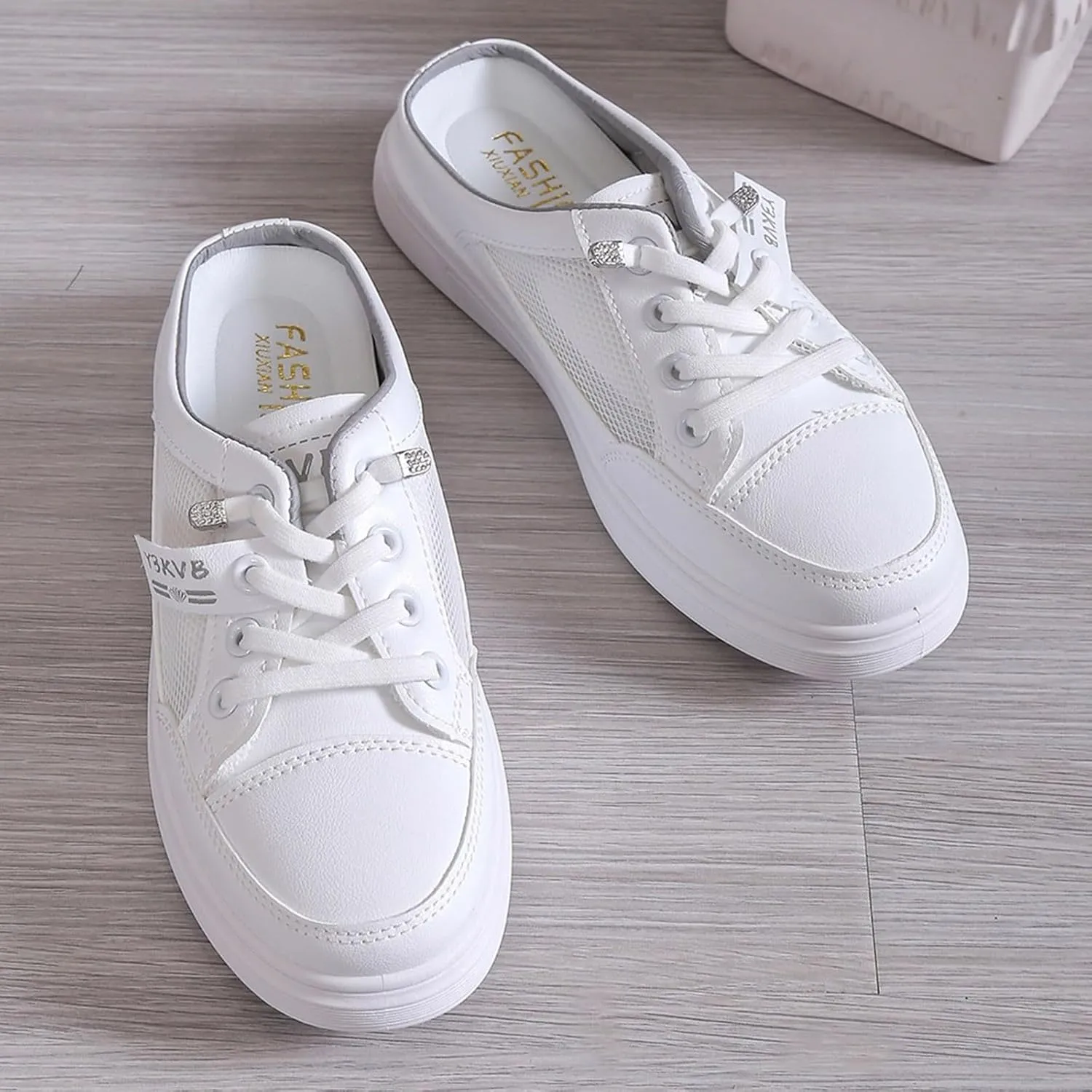 Women Walking Shoes Slip On,Breathable Canvas Cutout Loafers Thick Soles Flat Shoes Orthopedic Backless Slippers