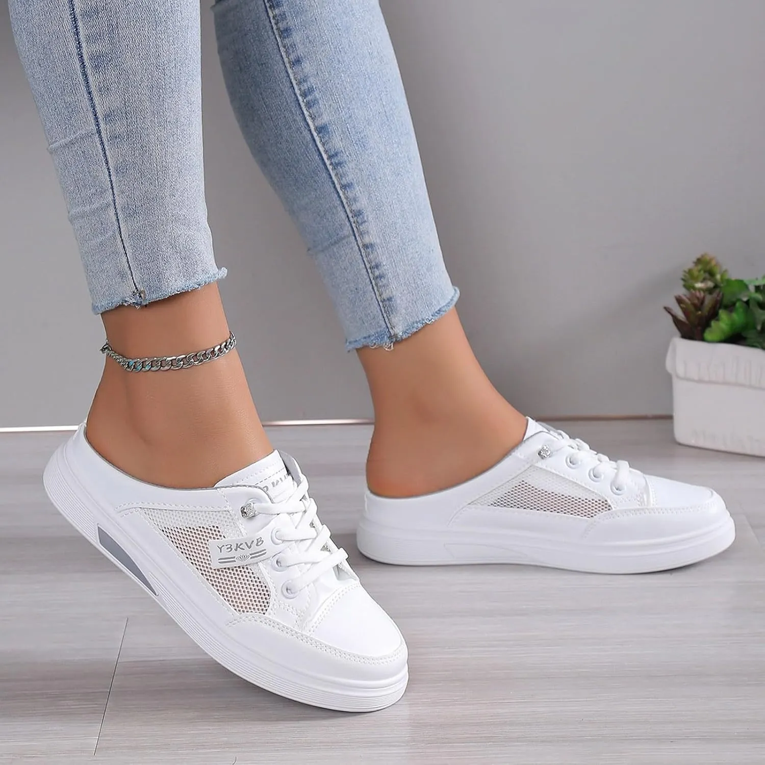 Women Walking Shoes Slip On,Breathable Canvas Cutout Loafers Thick Soles Flat Shoes Orthopedic Backless Slippers