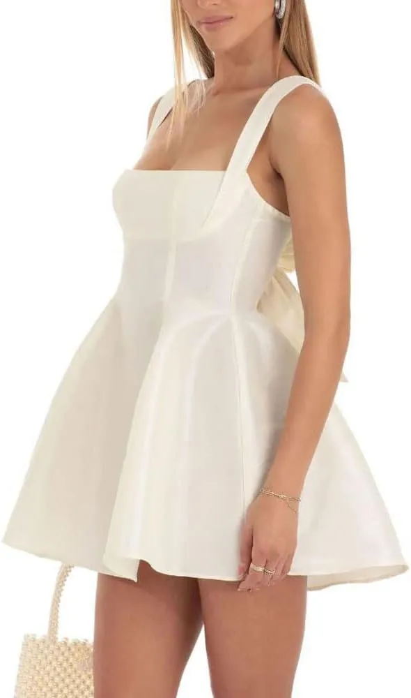 Women Y2K Square Neck Mini Dress Sweet Ruffle Lace Flare A Line Short Dress Fairy Backless Babydoll Dresses