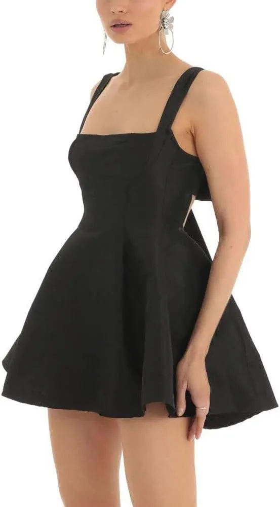 Women Y2K Square Neck Mini Dress Sweet Ruffle Lace Flare A Line Short Dress Fairy Backless Babydoll Dresses