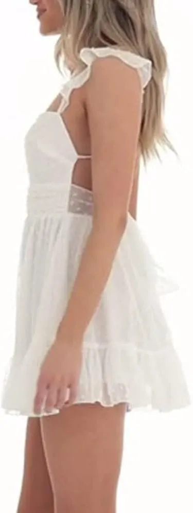 Women Y2K Square Neck Mini Dress Sweet Ruffle Lace Flare A Line Short Dress Fairy Backless Babydoll Dresses