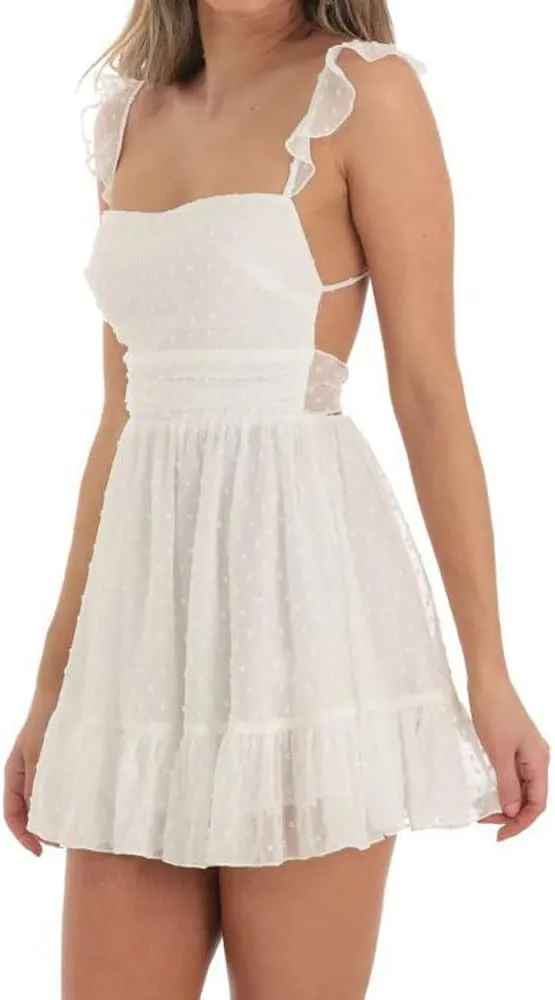 Women Y2K Square Neck Mini Dress Sweet Ruffle Lace Flare A Line Short Dress Fairy Backless Babydoll Dresses