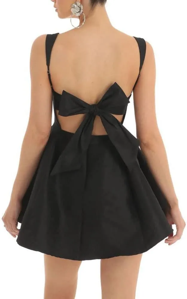 Women Y2K Square Neck Mini Dress Sweet Ruffle Lace Flare A Line Short Dress Fairy Backless Babydoll Dresses