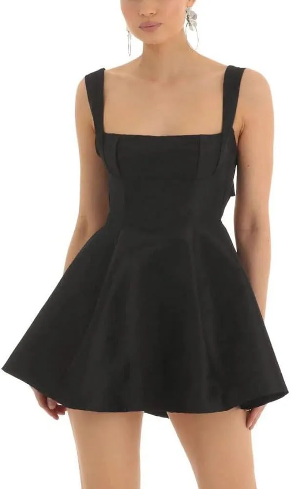 Women Y2K Square Neck Mini Dress Sweet Ruffle Lace Flare A Line Short Dress Fairy Backless Babydoll Dresses