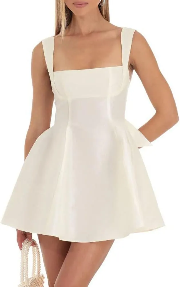 Women Y2K Square Neck Mini Dress Sweet Ruffle Lace Flare A Line Short Dress Fairy Backless Babydoll Dresses