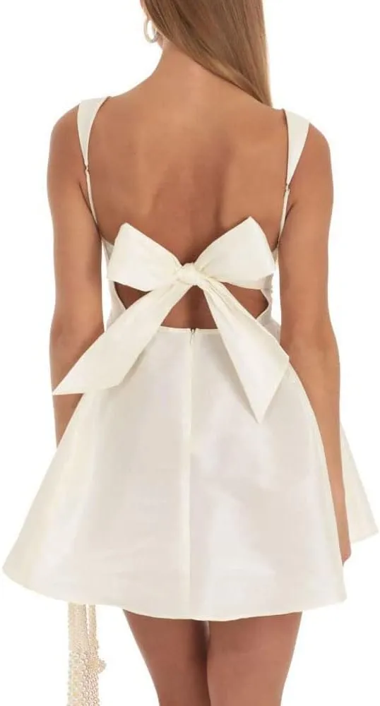 Women Y2K Square Neck Mini Dress Sweet Ruffle Lace Flare A Line Short Dress Fairy Backless Babydoll Dresses
