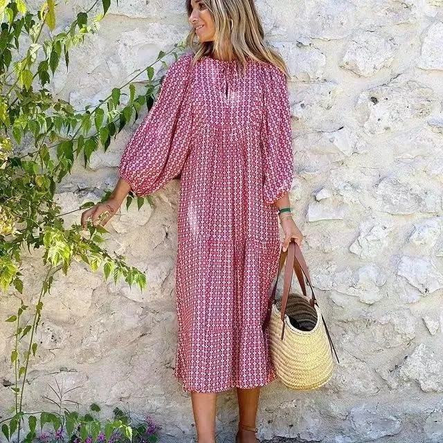 Womens 2024 Casual Boho Maxi Dresses V Neck 3/4 Puff Sleeve Geometric Pattern Smocked Ruffle Beach Long Sundress