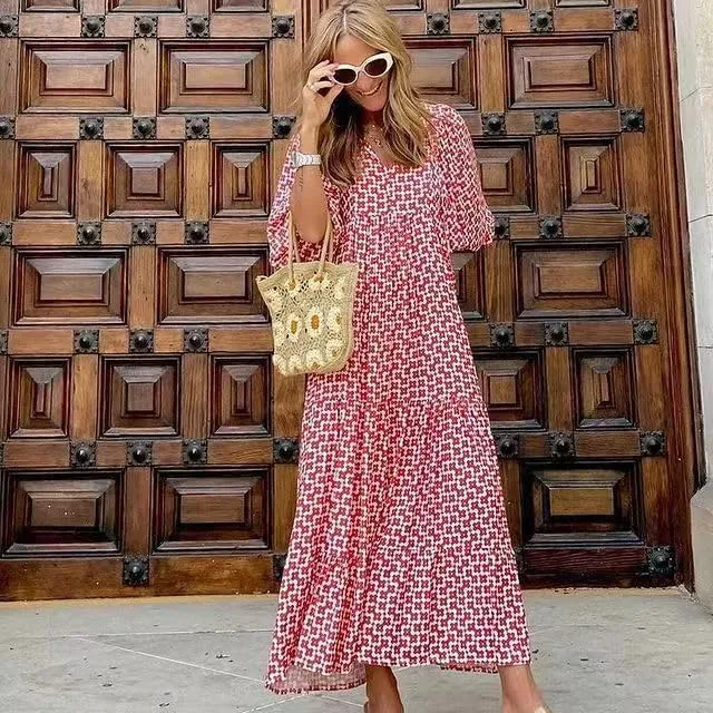 Womens 2024 Casual Boho Maxi Dresses V Neck 3/4 Puff Sleeve Geometric Pattern Smocked Ruffle Beach Long Sundress