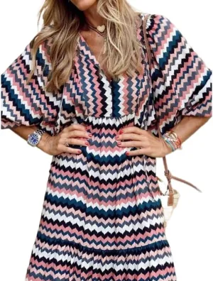 Womens 2024 Casual Boho Maxi Dresses V Neck 3/4 Puff Sleeve Geometric Pattern Smocked Ruffle Beach Long Sundress