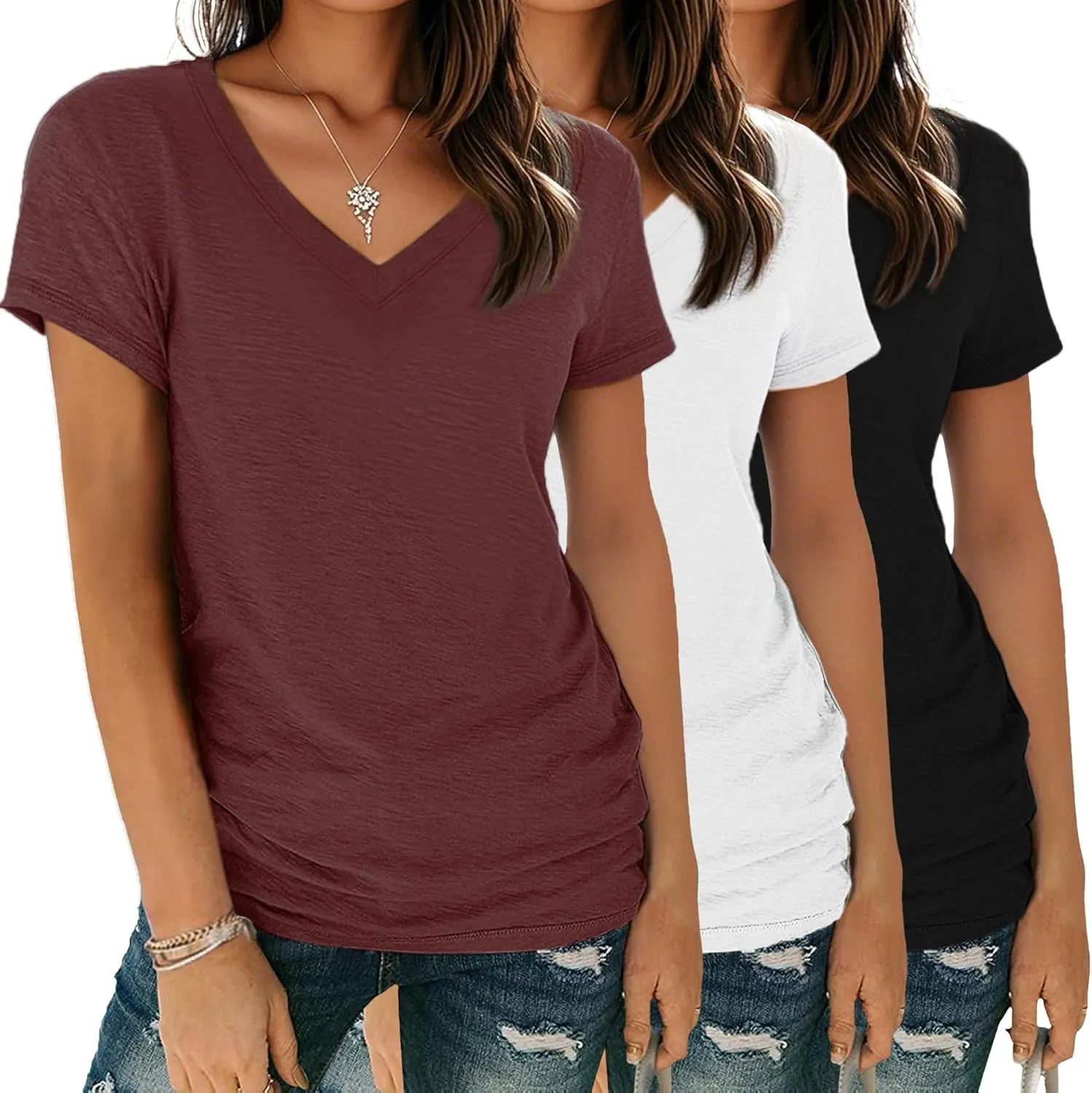 Women's Basic T Shirts Pack V Neck Short Sleeve Tees Loose Fit Tshirts Summer Casual Fashion Soft Tee Tops S-XXL