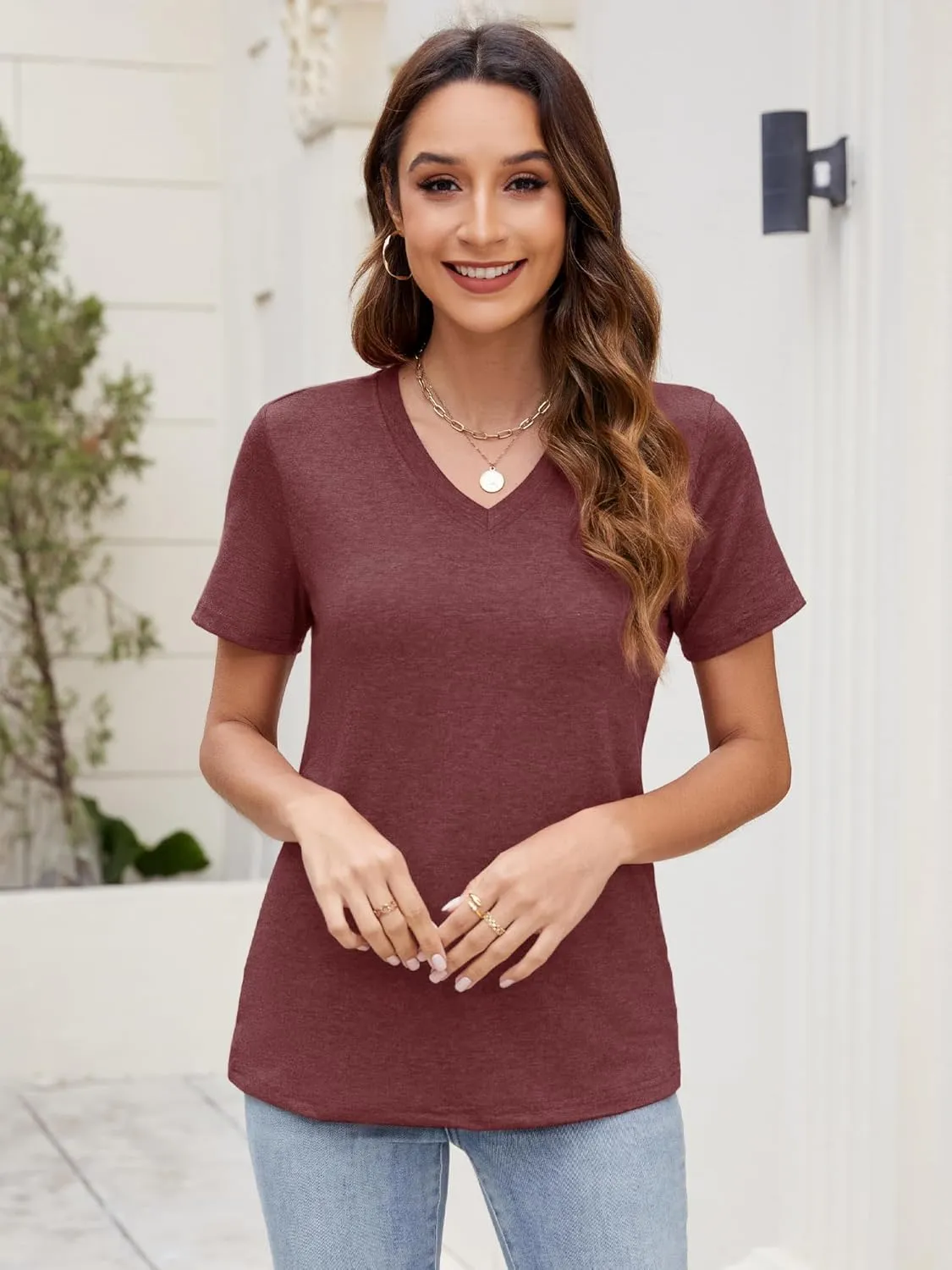 Women's Basic T Shirts Pack V Neck Short Sleeve Tees Loose Fit Tshirts Summer Casual Fashion Soft Tee Tops S-XXL