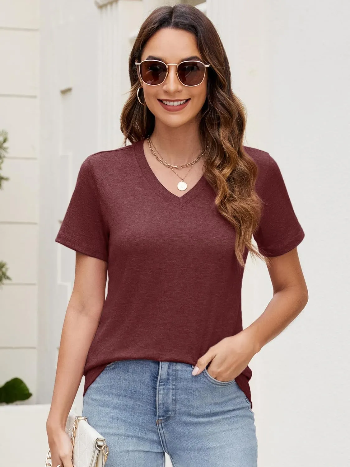 Women's Basic T Shirts Pack V Neck Short Sleeve Tees Loose Fit Tshirts Summer Casual Fashion Soft Tee Tops S-XXL