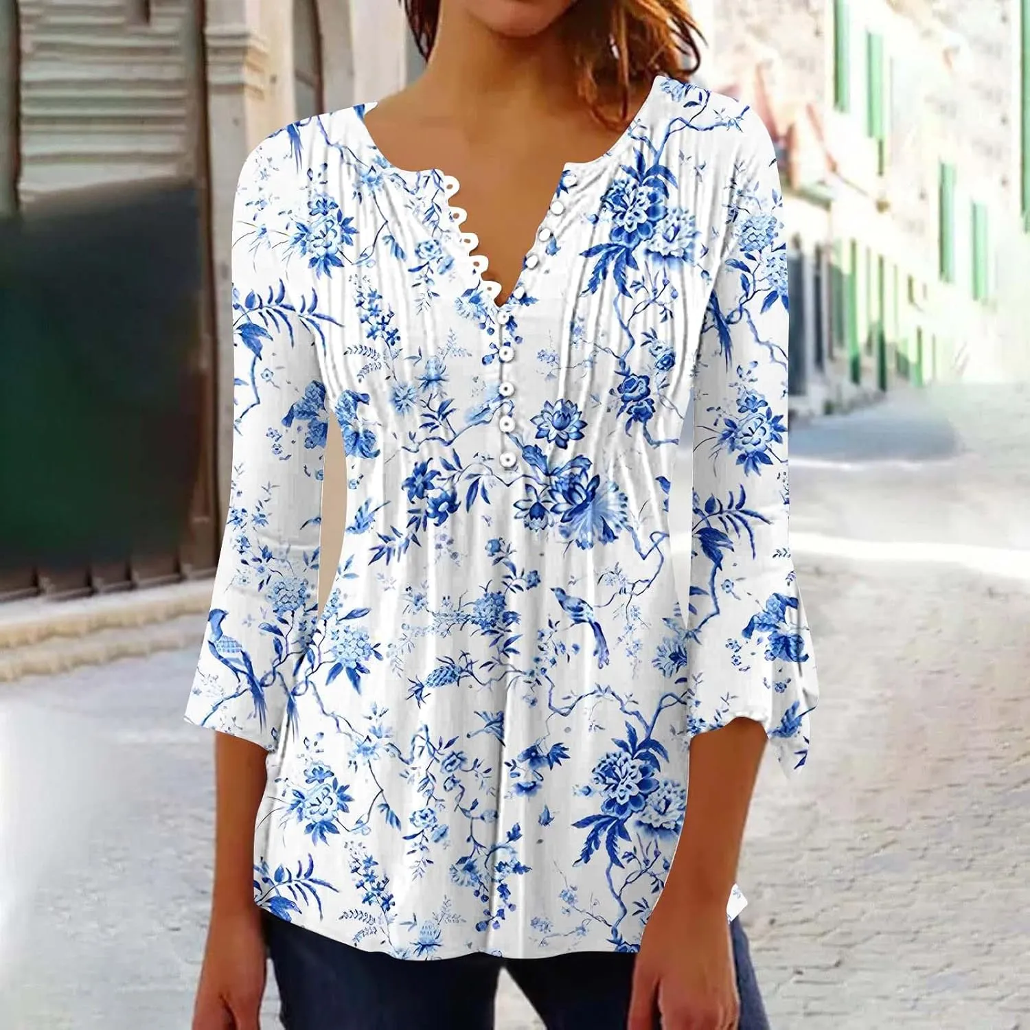Women's Blouses & Button-Down Shirts Vintage Floral Print Boho Empire Waist Tunic Tops Spring Fashion 3/4 Sleeve Tees