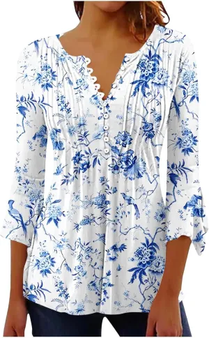 Women's Blouses & Button-Down Shirts Vintage Floral Print Boho Empire Waist Tunic Tops Spring Fashion 3/4 Sleeve Tees