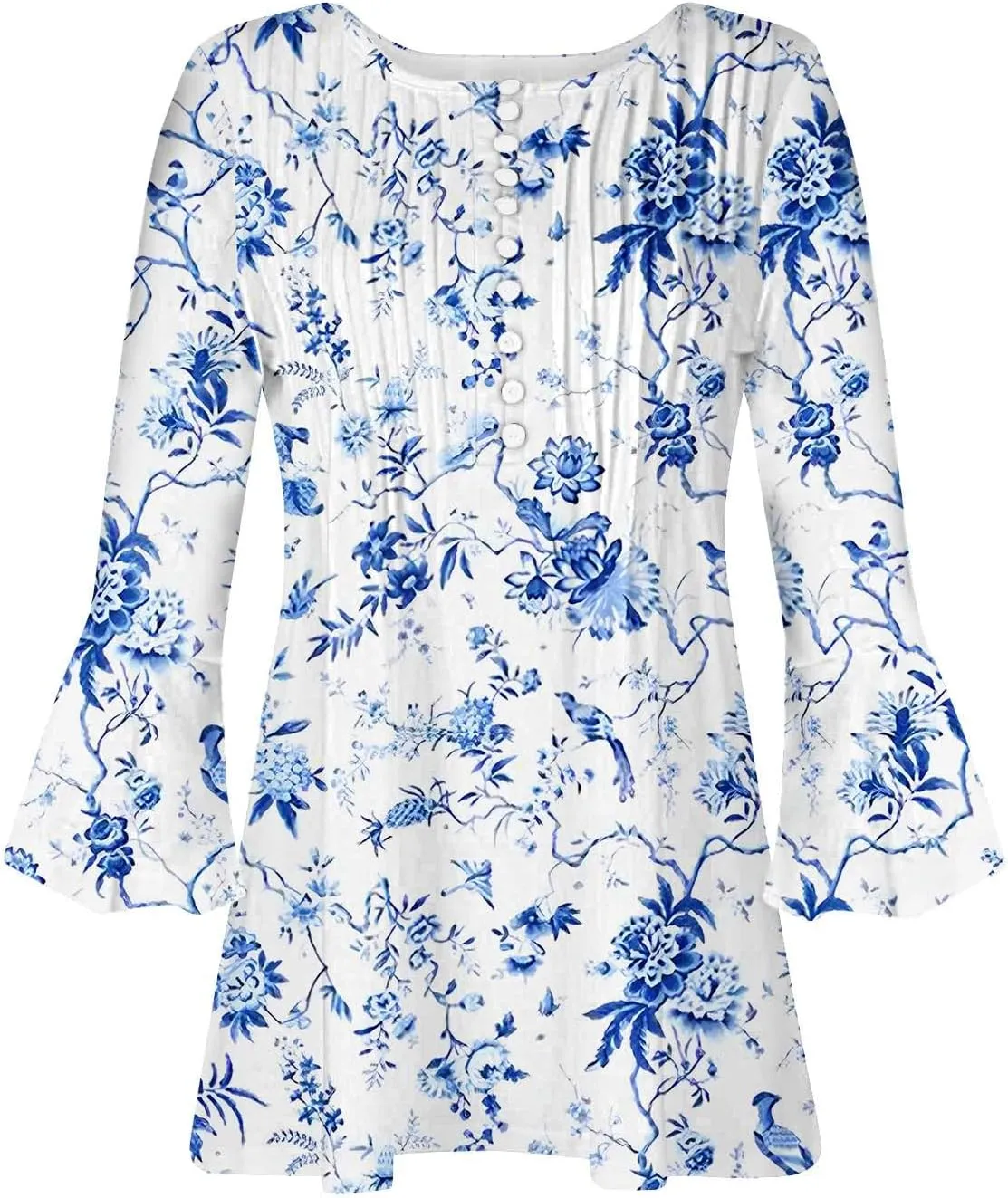 Women's Blouses & Button-Down Shirts Vintage Floral Print Boho Empire Waist Tunic Tops Spring Fashion 3/4 Sleeve Tees