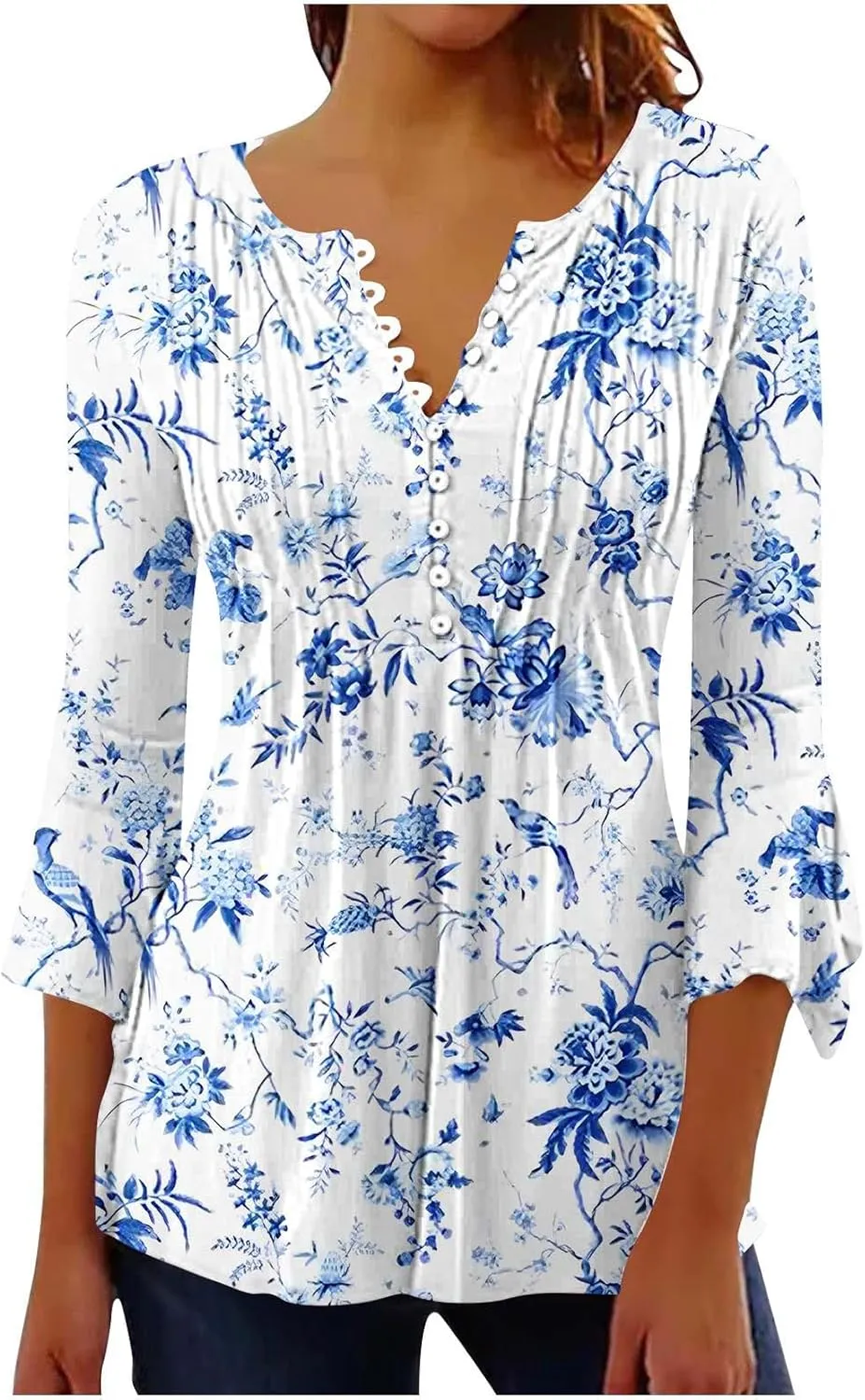 Women's Blouses & Button-Down Shirts Vintage Floral Print Boho Empire Waist Tunic Tops Spring Fashion 3/4 Sleeve Tees