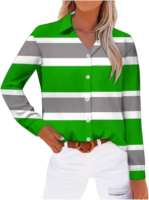 Womens Button Down Casual Shirts Color Block Striped Blouse Tops Long Sleeve Collar Shirt Dressy Work Outfits Clothing