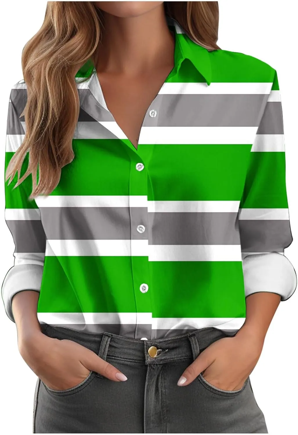 Womens Button Down Casual Shirts Color Block Striped Blouse Tops Long Sleeve Collar Shirt Dressy Work Outfits Clothing