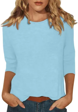 Womens Casual 3/4 Sleeve T-Shirts Round Neck Cute Print Tops Trendy Loose Fit Three Quarter Length Blouses