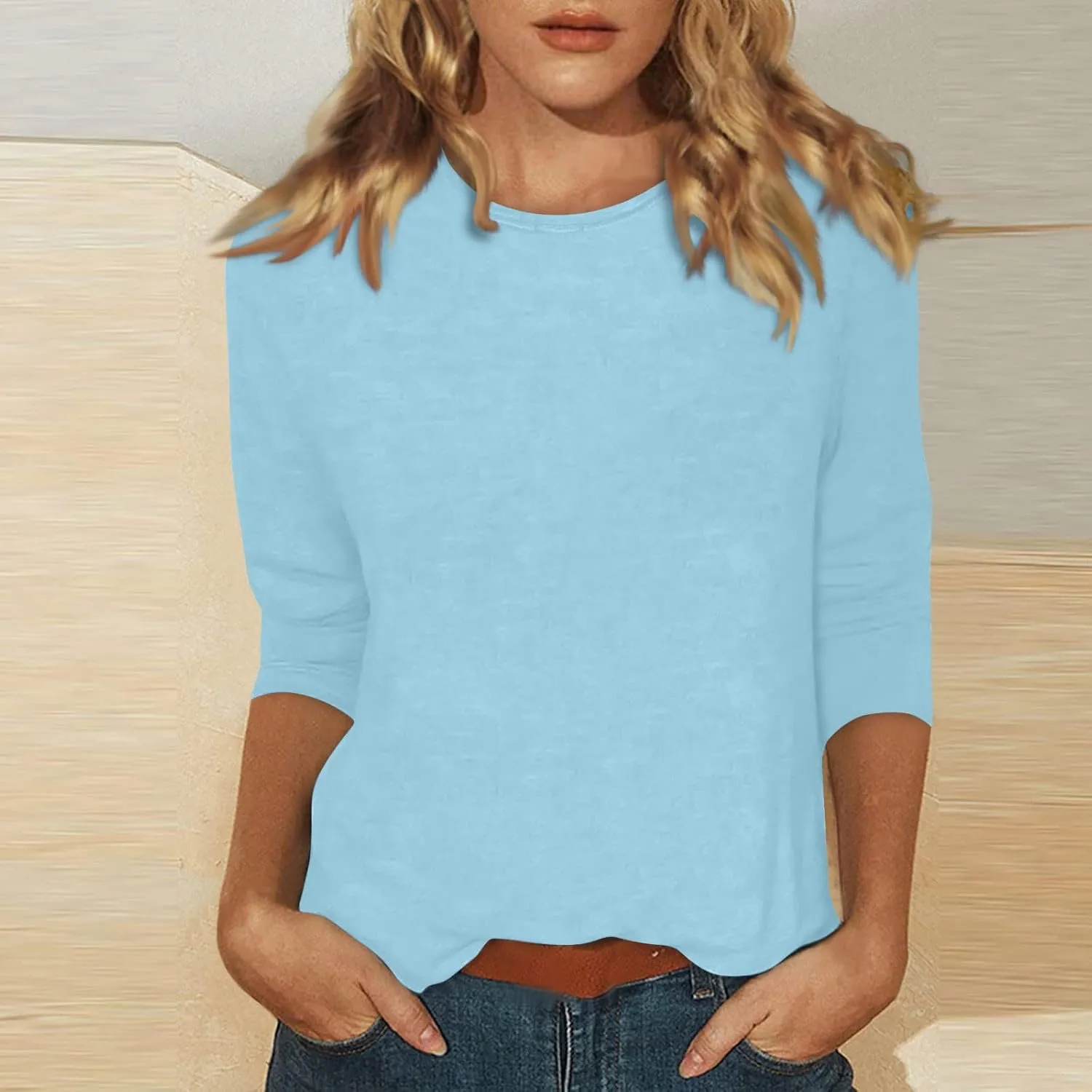 Womens Casual 3/4 Sleeve T-Shirts Round Neck Cute Print Tops Trendy Loose Fit Three Quarter Length Blouses