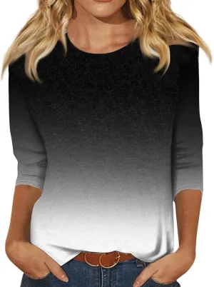 Womens Casual 3/4 Sleeve T-Shirts Round Neck Cute Print Tops Trendy Loose Fit Three Quarter Length Blouses