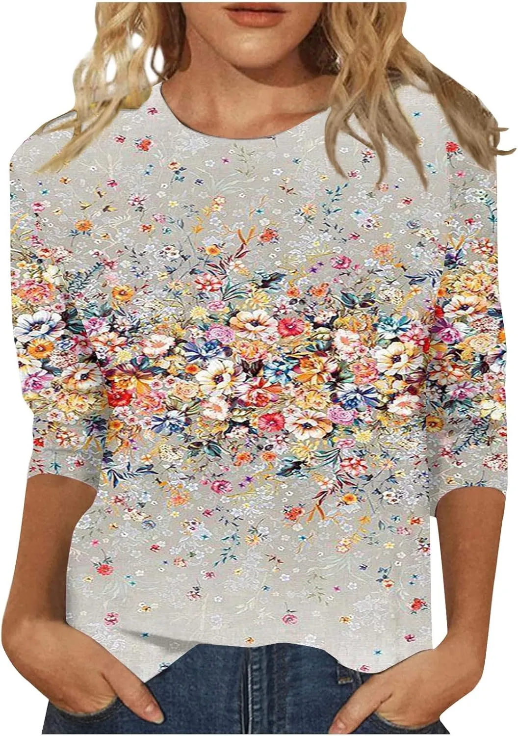 Womens Casual 3/4 Sleeve T-Shirts Round Neck Cute Print Tops Trendy Loose Fit Three Quarter Length Blouses