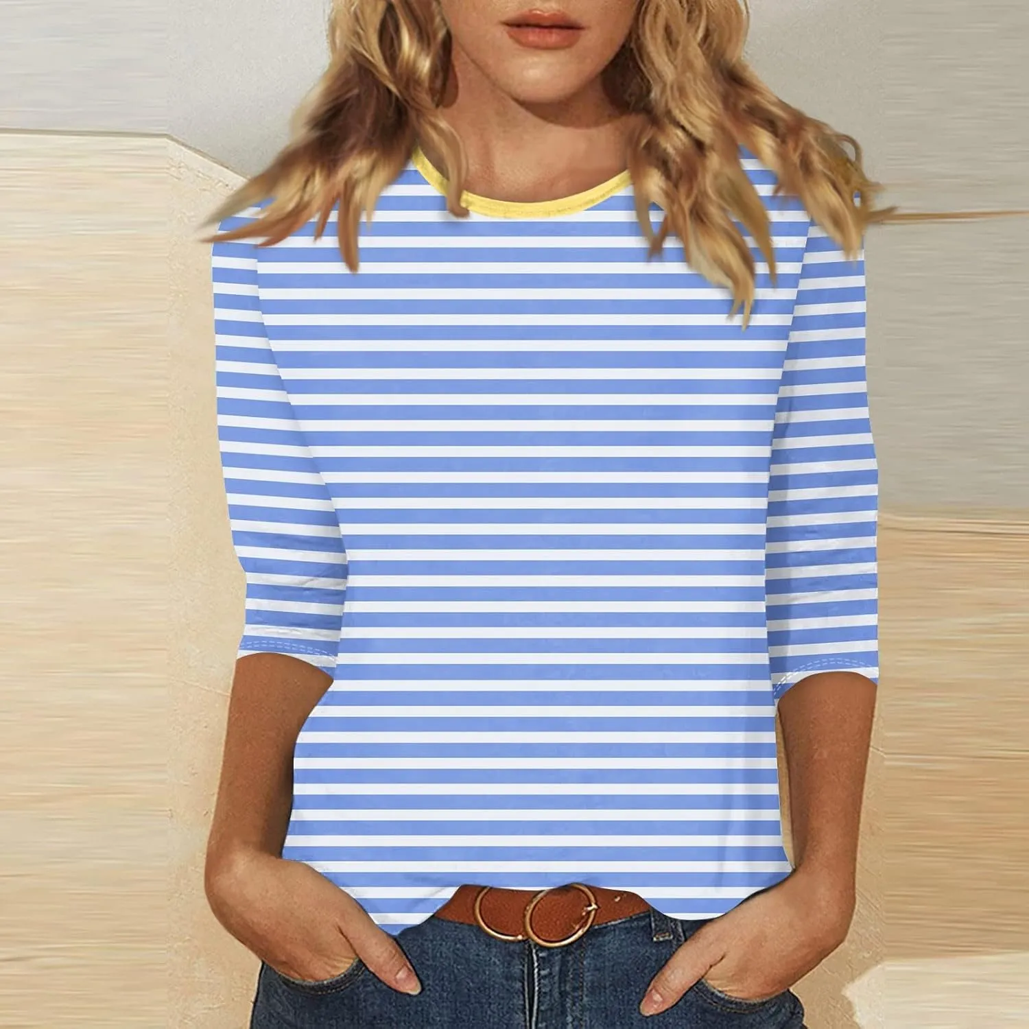 Womens Casual 3/4 Sleeve T-Shirts Round Neck Cute Print Tops Trendy Loose Fit Three Quarter Length Blouses