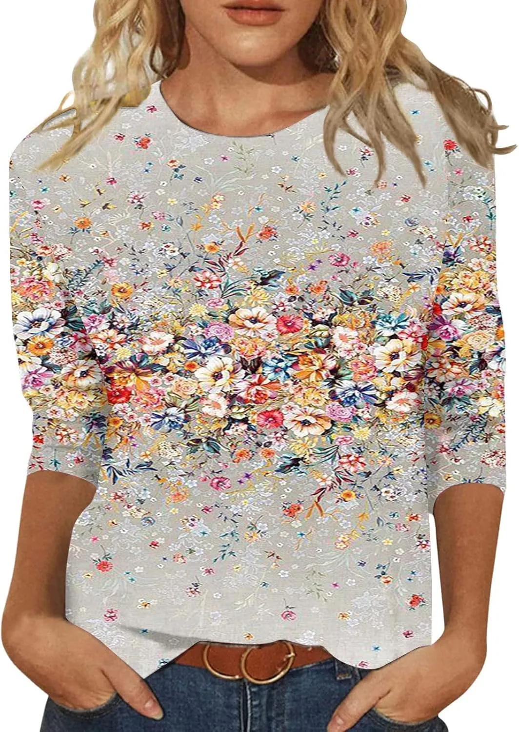 Womens Casual 3/4 Sleeve T-Shirts Round Neck Cute Print Tops Trendy Loose Fit Three Quarter Length Blouses