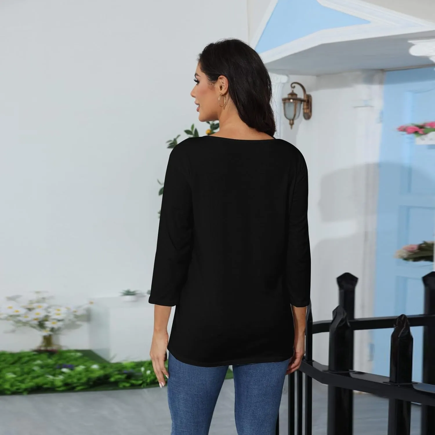 Womens Casual 3/4 Sleeve T-Shirts Round Neck Cute Print Tops Trendy Loose Fit Three Quarter Length Blouses