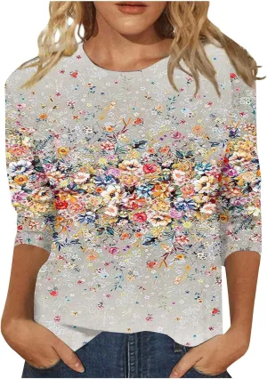 Womens Casual 3/4 Sleeve T-Shirts Round Neck Cute Print Tops Trendy Loose Fit Three Quarter Length Blouses