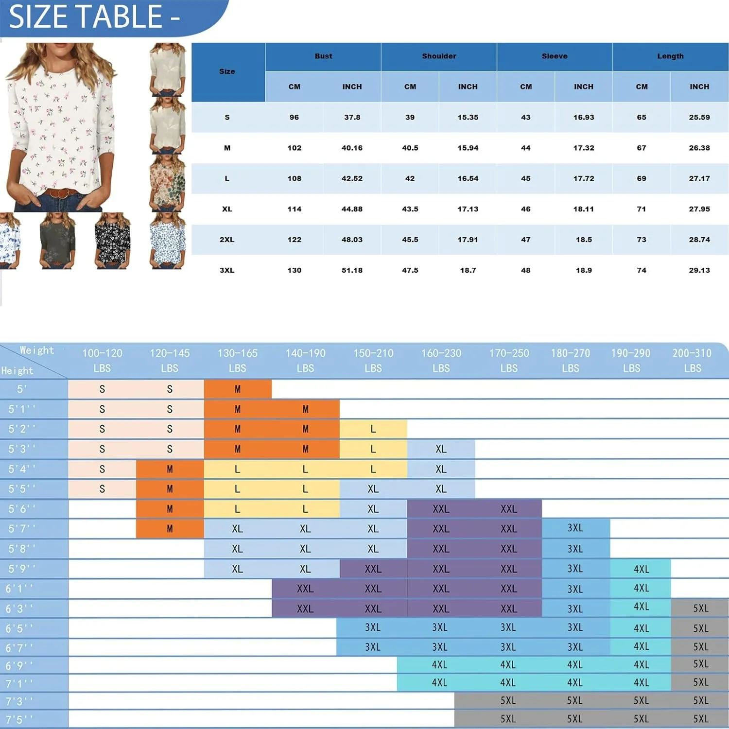 Womens Casual 3/4 Sleeve T-Shirts Round Neck Cute Print Tops Trendy Loose Fit Three Quarter Length Blouses