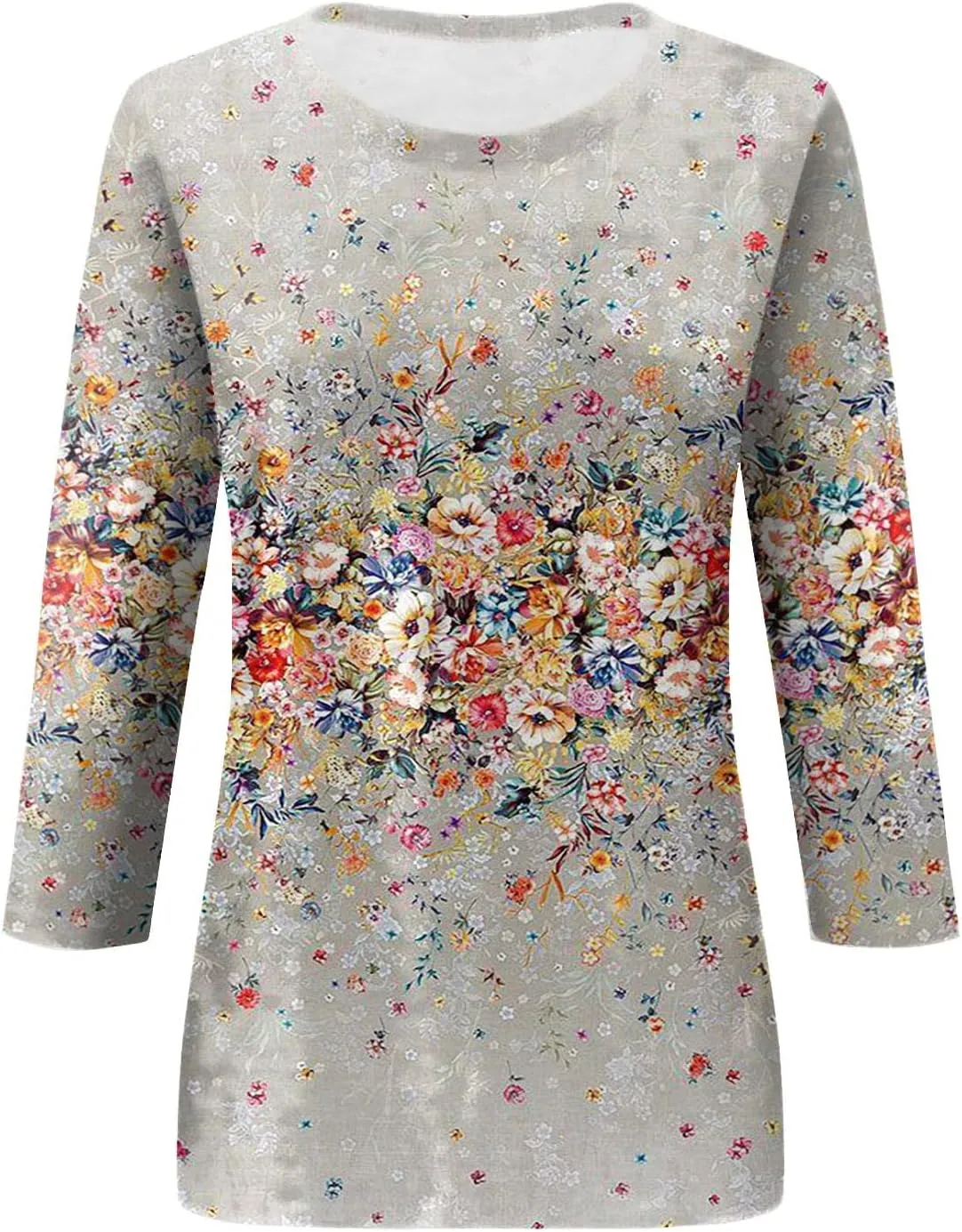 Womens Casual 3/4 Sleeve T-Shirts Round Neck Cute Print Tops Trendy Loose Fit Three Quarter Length Blouses