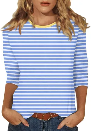 Womens Casual 3/4 Sleeve T-Shirts Round Neck Cute Print Tops Trendy Loose Fit Three Quarter Length Blouses