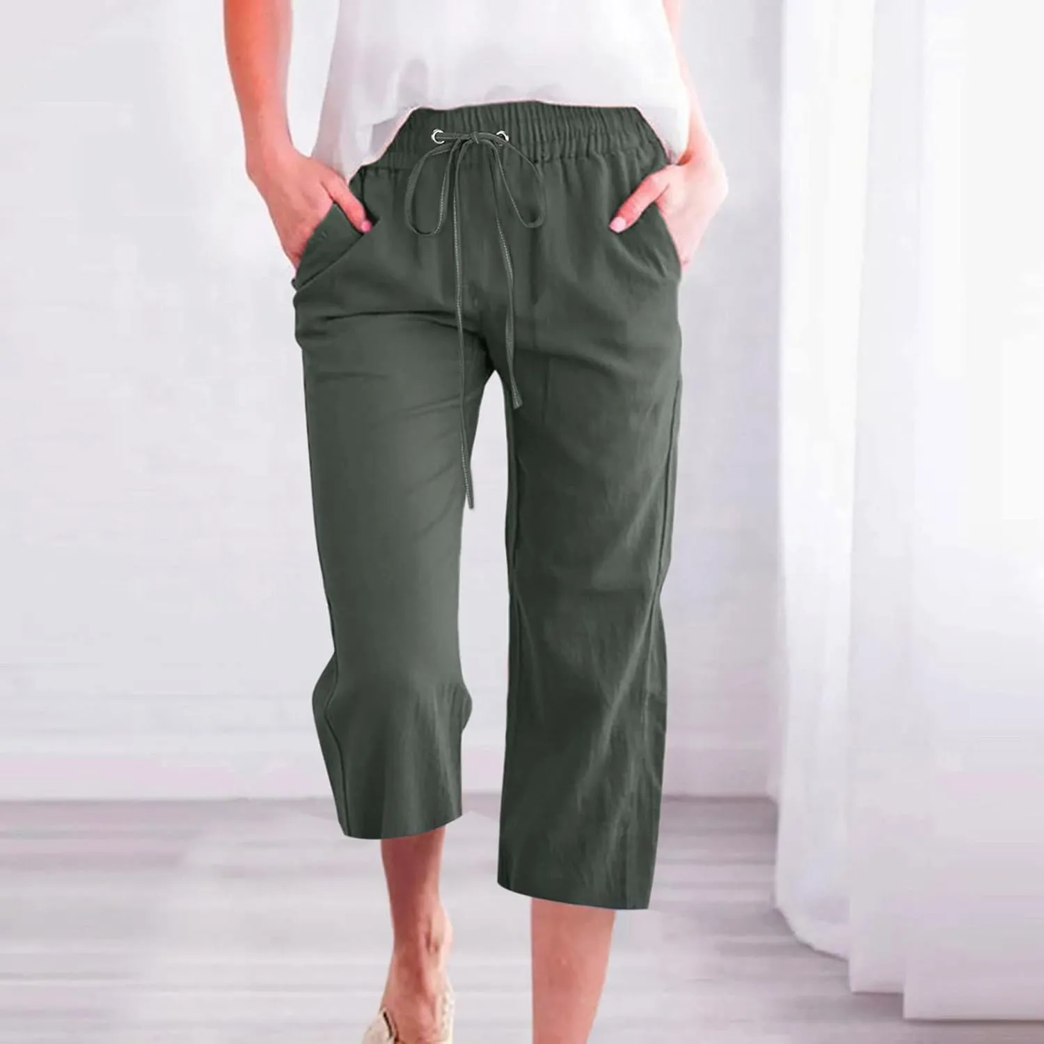 Womens Casual Capri Linen Pants Elastic High Waist Summer Drawstring Pant Straight Wide Leg Cropped Trouser