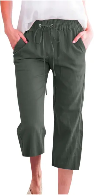 Womens Casual Capri Linen Pants Elastic High Waist Summer Drawstring Pant Straight Wide Leg Cropped Trouser