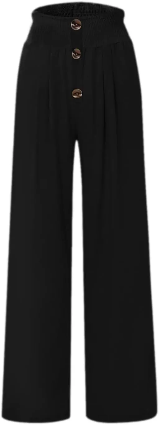 Women's Casual Cotton Linen Button Down Pants Ruffled High Waist Wide Leg Trousers Business Casual Pants with Pockets