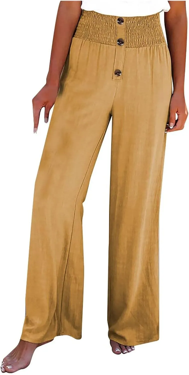 Women's Casual Cotton Linen Button Down Pants Ruffled High Waist Wide Leg Trousers Business Casual Pants with Pockets