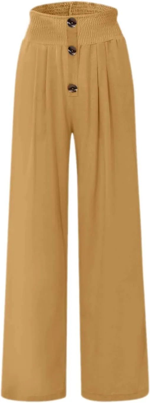 Women's Casual Cotton Linen Button Down Pants Ruffled High Waist Wide Leg Trousers Business Casual Pants with Pockets