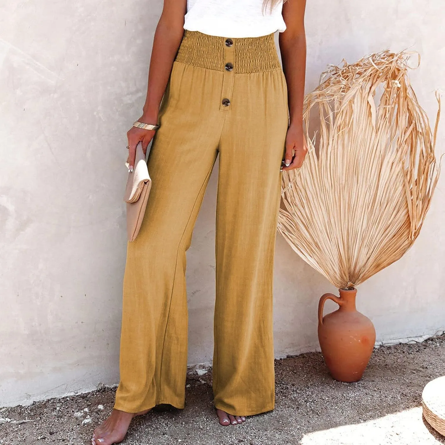 Women's Casual Cotton Linen Button Down Pants Ruffled High Waist Wide Leg Trousers Business Casual Pants with Pockets