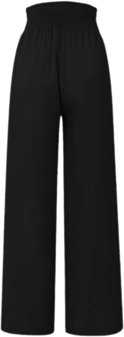 Women's Casual Cotton Linen Button Down Pants Ruffled High Waist Wide Leg Trousers Business Casual Pants with Pockets