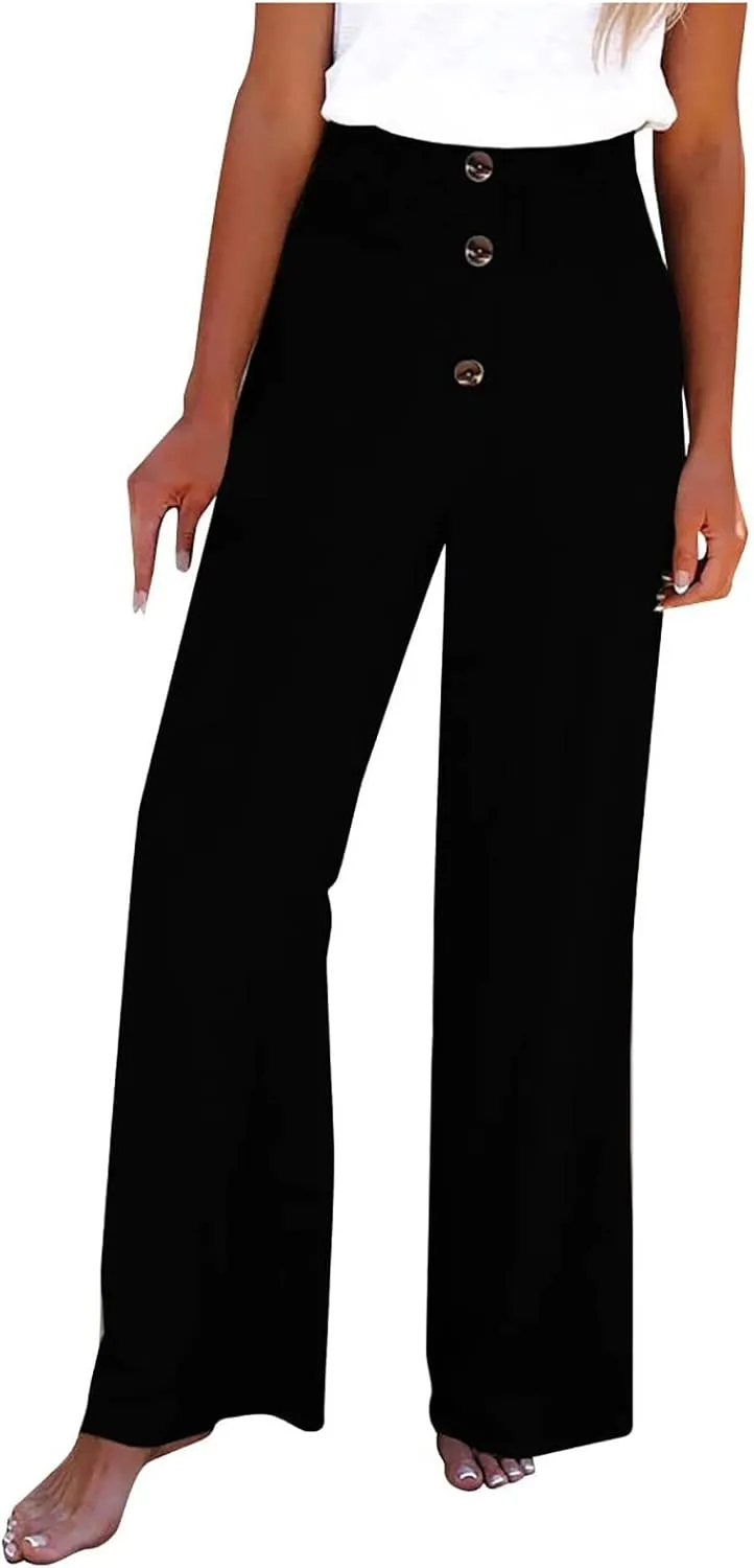 Women's Casual Cotton Linen Button Down Pants Ruffled High Waist Wide Leg Trousers Business Casual Pants with Pockets