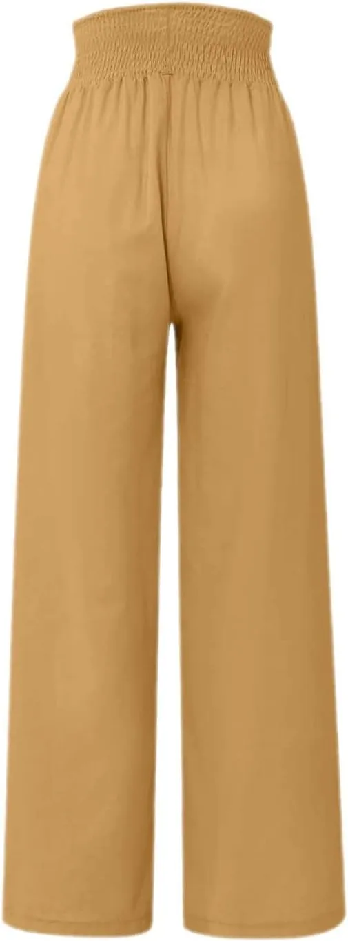 Women's Casual Cotton Linen Button Down Pants Ruffled High Waist Wide Leg Trousers Business Casual Pants with Pockets