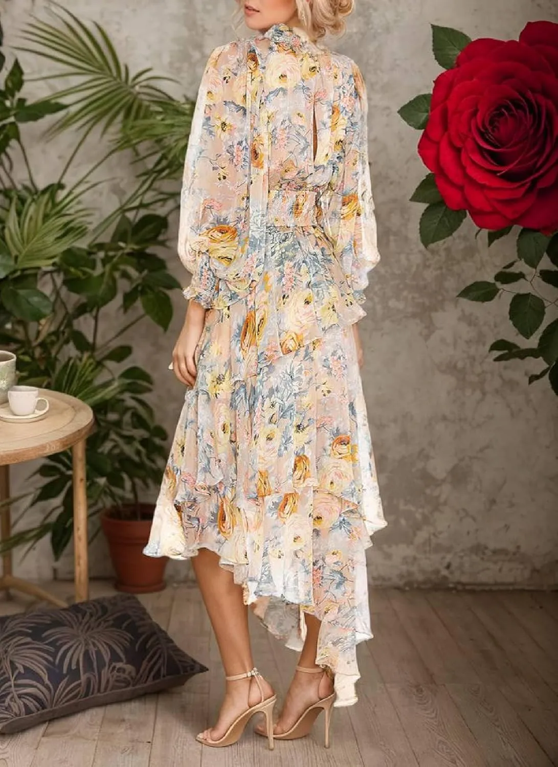 Women's Charm Floral Print High Neck Asymmetrical Hem Maxi Dress Summer Elegant Long Sleeve Tiered Vacation Long Dress